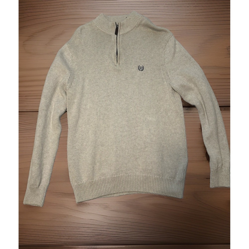 Chaps Quarter Zip Sweater Mens M Beige 100% Cotton Knit Mock Neck Pullover